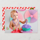 ストロベリー誕生日サンキューフォトカード 招待状 (正面/裏面)