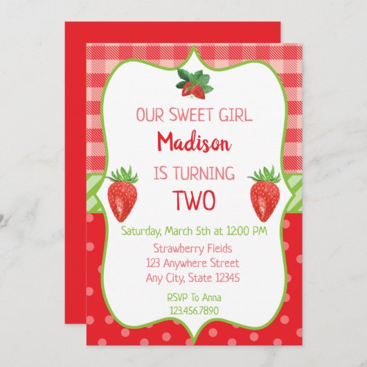 ストロベリー誕生日招待状ベリースウィートパーティー 招待状 (正面/裏面)