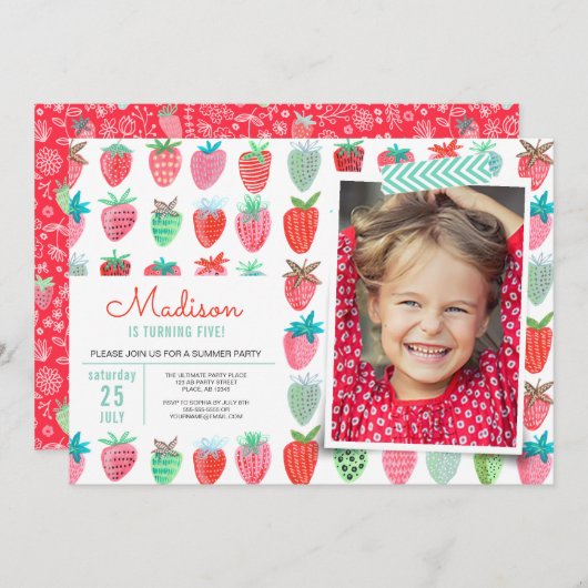 ストロベリー誕生日招待状ベリースウィートパーティー 招待状 (正面/裏面)