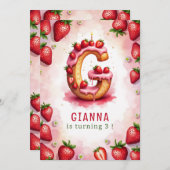 ストロベリー誕生日招待状レターGケーキデザイン 招待状 (正面/裏面)