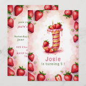 ストロベリー誕生日招待状レターJケーキテーマ 招待状 (正面/裏面)