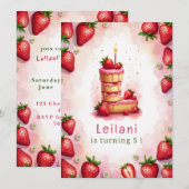 ストロベリー誕生日招待状レターLケーキテーマ 招待状 (正面/裏面)