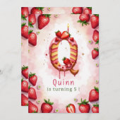 ストロベリー誕生日招待状レターQケーキテーマ 招待状 (正面/裏面)
