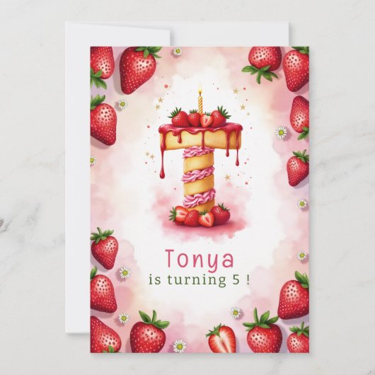 ストロベリー誕生日招待状レターTケーキテーマ 招待状 (正面)