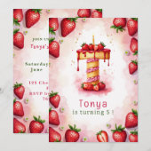 ストロベリー誕生日招待状レターTケーキテーマ 招待状 (正面/裏面)