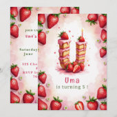 ストロベリー誕生日招待状レターUケーキテーマ 招待状 (正面/裏面)