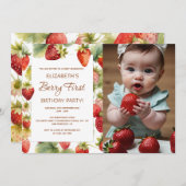 ストロベリー1stバースデーベリーファースト誕生日写真 招待状 (正面/裏面)
