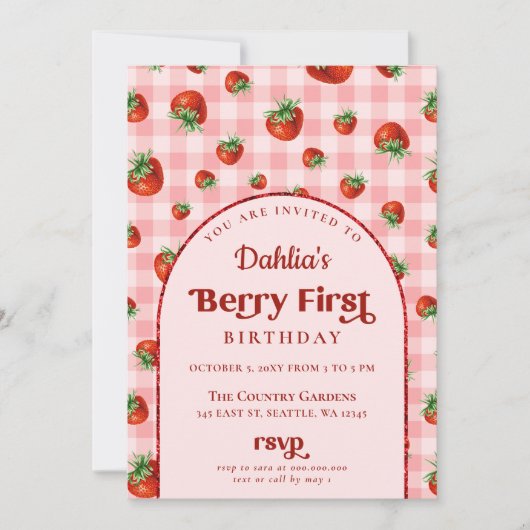 ストロベリー1stバースデーベリーファースト誕生日 招待状 (正面)