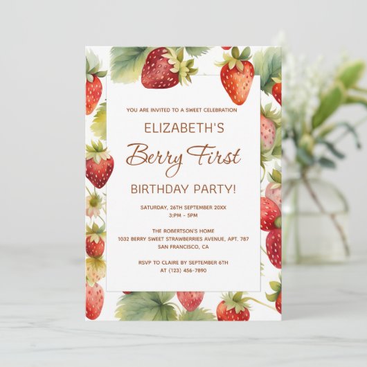 ストロベリー1stバースデーベリーファースト誕生日 招待状 (スタンド正面)