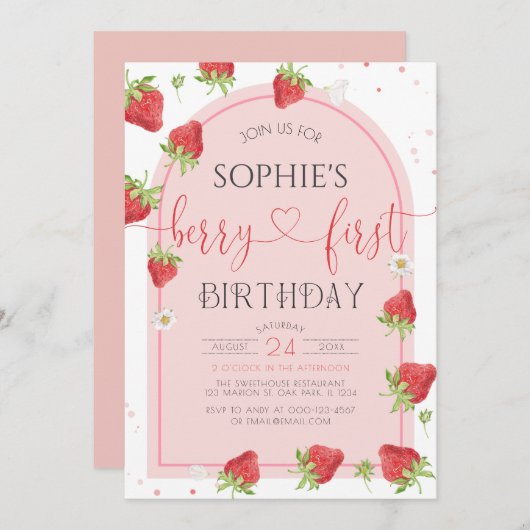 ストロベリー1stバースデーベリーファースト誕生日 招待状 (正面/裏面)