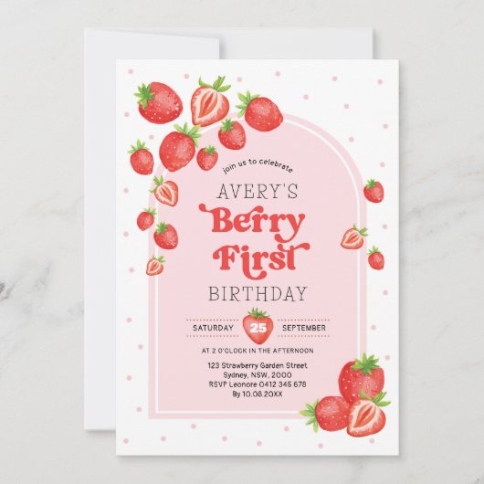 ストロベリー1stバースデーベリー最初の写真パーティー 招待状 (正面)