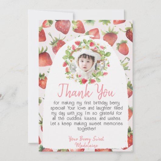 ストロベリー1stフォトベリーファースト誕生日 サンキューカード (正面)