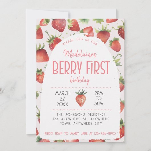 ストロベリー1stフォトベリーファースト誕生日 招待状 (正面)