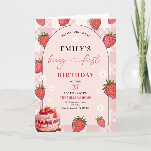 ストロベリー1st誕生日パーティーベリーファースト誕生日 招待状 (正面)