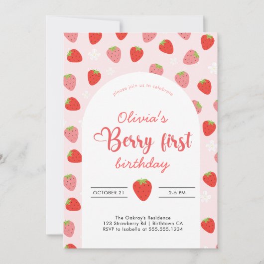 ストロベリー1st誕生日パーティーベリーファースト誕生日 招待状 (正面)