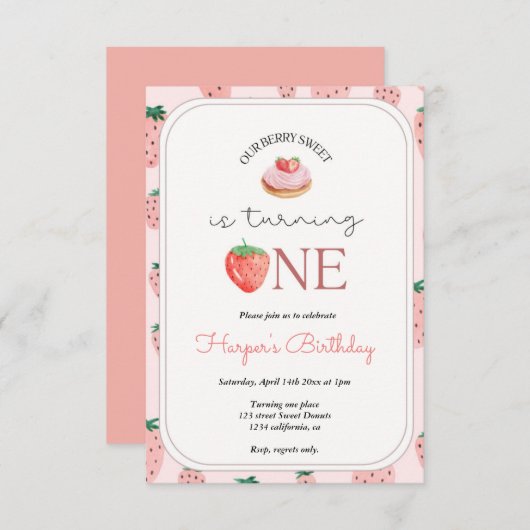 ストロベリー1st誕生日パーティーベリー最初 招待状 (正面/裏面)