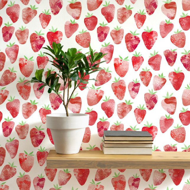 ストロベリー・ウォーターカラー・パターン・モダン 壁紙 (Strawberry watercolor pattern wallpaper)