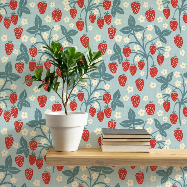 ストロベリー・ツリー・コテージ・スタイル 壁紙 (Vintage inspired strawberry plant pattern wallpaper)