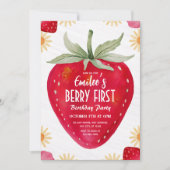 ストロベリー&デイジーベリーファースト誕生日招待状 招待状 (正面)