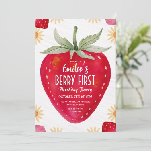 ストロベリー&デイジーベリーファースト誕生日招待状 招待状 (スタンド正面)