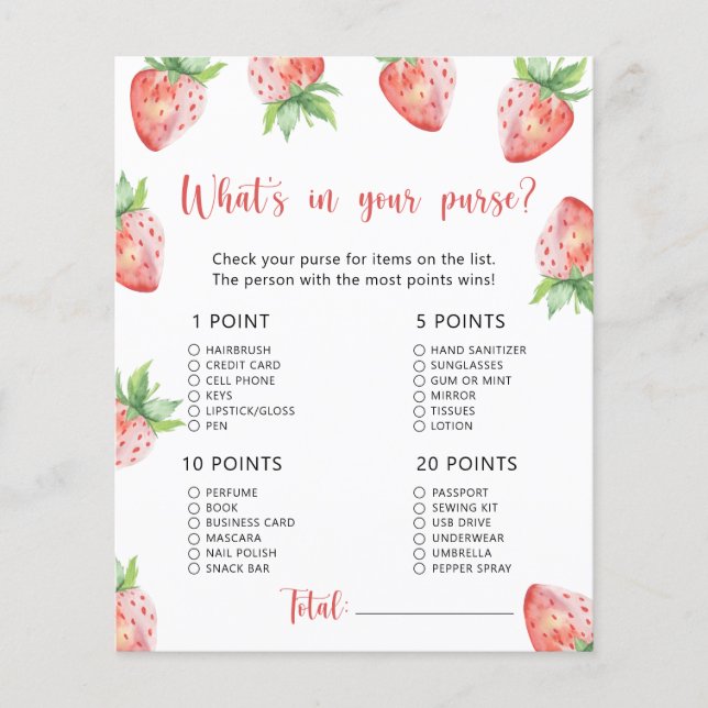 ストロベリー – ハンドバッグの赤ちゃんシャワーゲームの内容 (正面)