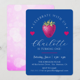 ストロベリー ハーツ バースデー ガール ネイビーブルー サンキューカード