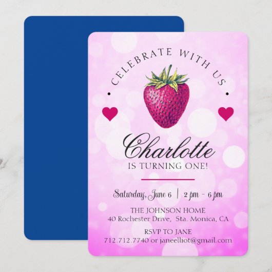 ストロベリー ハーツ バースデー ガール ピンク サンキューカード (正面/裏面)