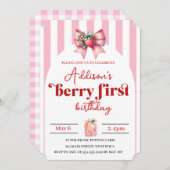 ストロベリー&ボウの誕生日（写真あり） 招待状 (正面/裏面)