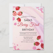 ストロベリー&ラズベリーパーティー1st誕生日ベビーガール 招待状 (正面)