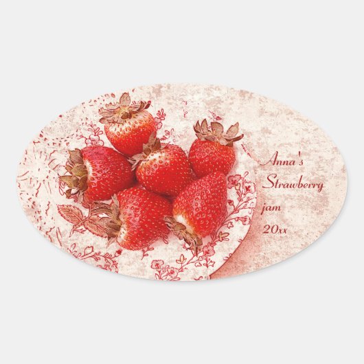 ストロベリー – 古いカントリースタイルジャム缶詰ラベル 楕円形シール (正面)