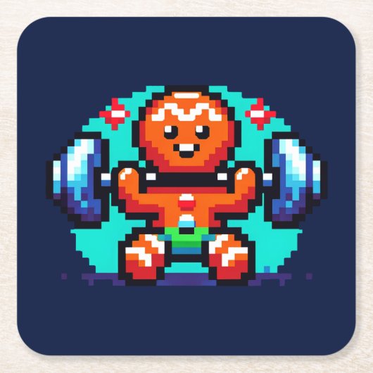 ストロングジンジャーブレッドマンおもしろい – ピクセルアートホリデイ スクエアペーパーコースター (正面)