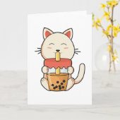 ストローで飲み物を飲む猫 カード (黄色い花)