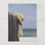 ストローぶら下がったハットのフェンスビーチ ポストカード (正面)