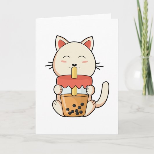 ストローを使って飲み物を飲む猫 カード (正面)