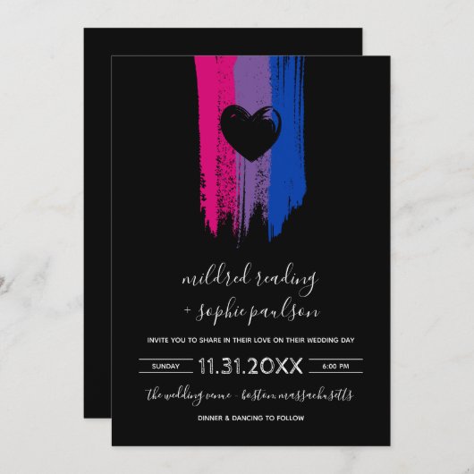 ストローク絵を描バイセクシュアル国旗とブラックハート結婚ズ 招待状 (正面/裏面)