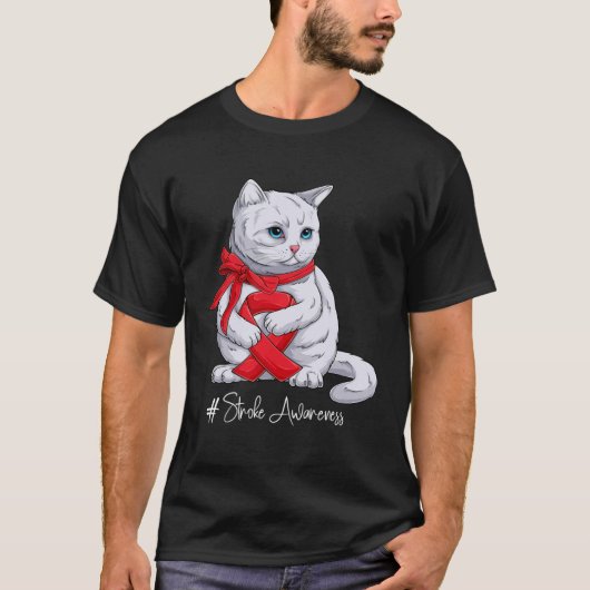 ストローク認識度月赤いリボンキャット Tシャツ (正面)