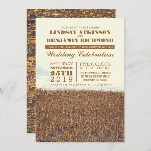 ストローベールの田舎の結婚式の招待状 招待状 (正面/裏面)