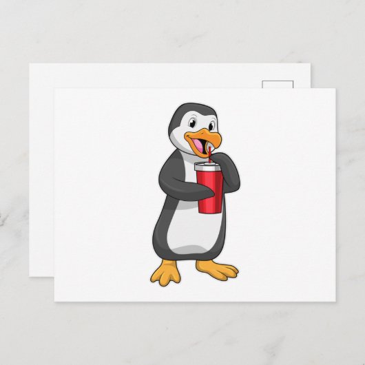 ストロー付きの飲み物カップを持ったペンギン ポストカード (正面/裏面)