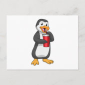 ストロー付きの飲み物カップを持ったペンギン ポストカード (正面)