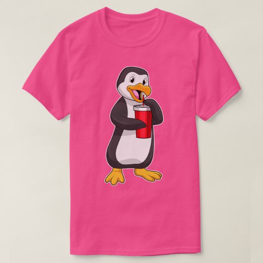 ストロー付き飲料用カップ付ペンギン Tシャツ (デザイン正面)