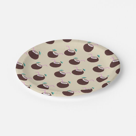 ストロー模様のココナッツカクテル – 夏のビーチ ペーパープレート (アングル)