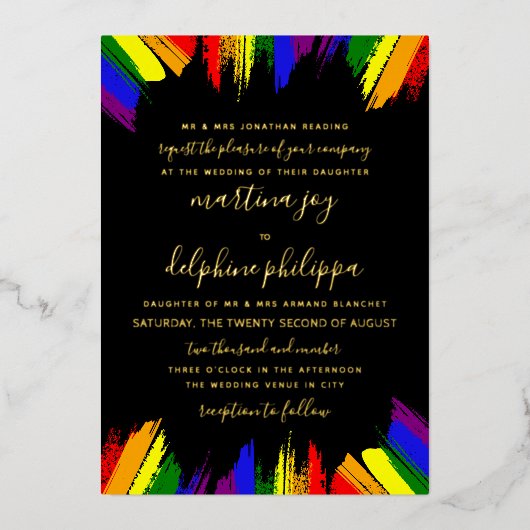 ストロ絵を描ックプライドフラグ黒フォーマルLGBT結婚の 箔招待状 (正面)