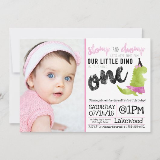 ストンプアンドチョンプ小さな女の子ディノ誕生日恐竜 招待状 (正面)