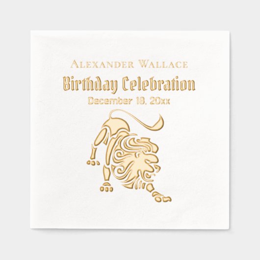ストーキングライオンの誕生日パーティーお祝い名前の日付 箔ナプキン (正面)