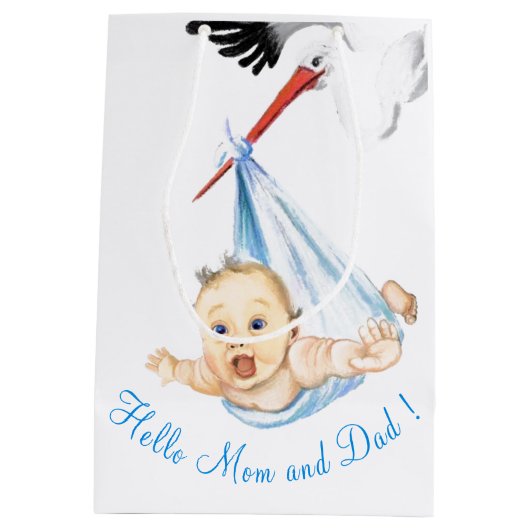 ストークとベビーおもしろい抱き枕-カスタム文字 ミディアムペーパーバッグ (裏面)