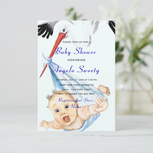 ストークと男の赤ちゃんシャワー招待状QRコード情報 カード (スタンド正面)