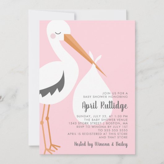 ストークイラストレーションピンクガールベビーシャワー 招待状 (正面)