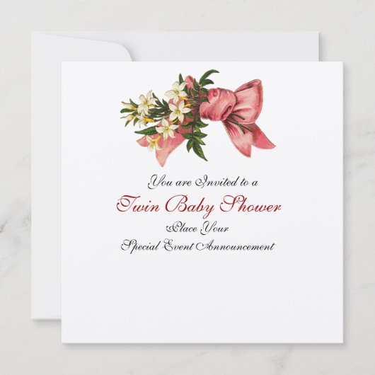 ストークツインベビーガールシャワー、シャンパンメタリック 招待状 (正面)