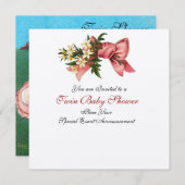 ストークツインベビーガールシャワー、シャンパンメタリック 招待状 (正面/裏面)