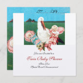 ストークツインベビーガールシャワー、シャンパンメタリック 招待状 (正面/裏面)